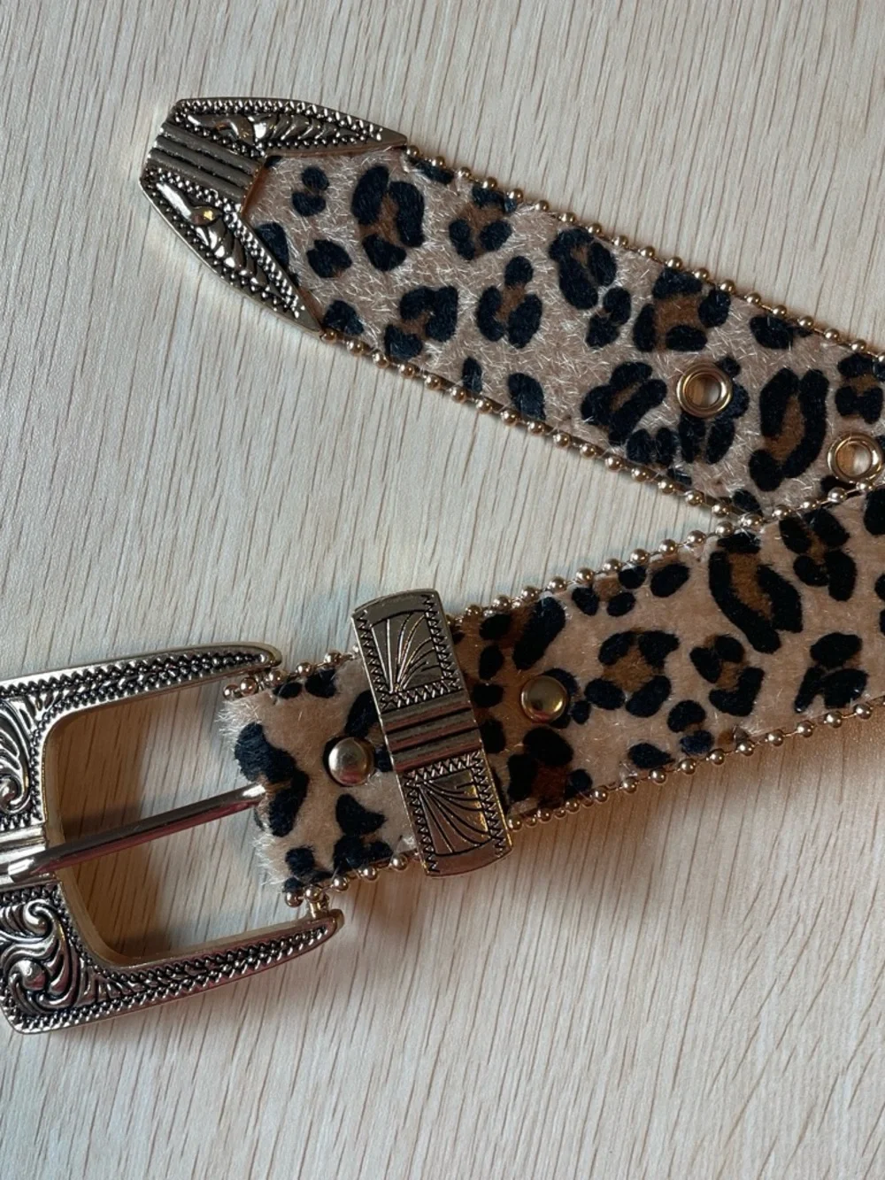 Vintage Leopard Print Western Buckle Belt - Beige Black Gold